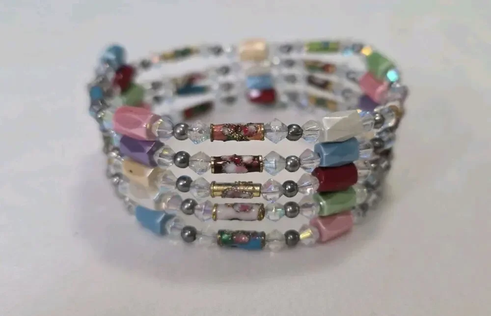 Magnetic Hematite Beads Wrap Around Bracelet Multi Colored & Cloisonne Accents